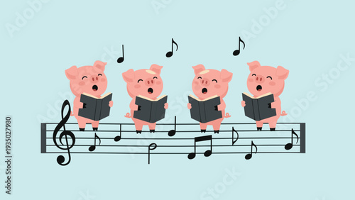 Quartet of cute pink pigs sing in harmony from songbooks while standing on a set of musical staff lines with floating notes.