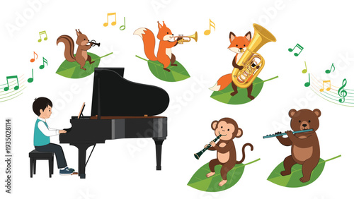 Young boy plays a black grand piano while diverse forest animals join in with their own instruments on large green leaves.