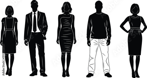 Black silhouette fashion figures diverse men women business casual formal outfits dress suit blazer sweater pants modern vector illustration stock