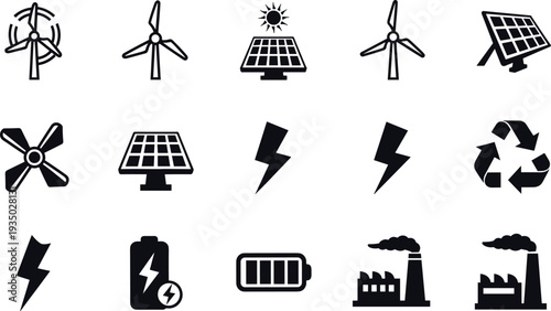 Renewable and industrial energy icon set featuring wind turbines, solar panels, lightning bolts, battery, recycling symbol and factory power generation symbols vector illustration.