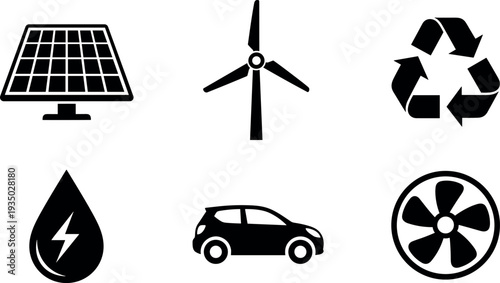 Renewable energy and sustainability icons set featuring solar panel, wind turbine, recycling symbol, electric car and green power elements representing clean energy technology