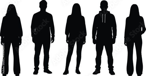 Black silhouette fashion illustration of diverse men and women in casual outfits, jeans, hoodies, sweaters, everyday streetwear vector design modern style