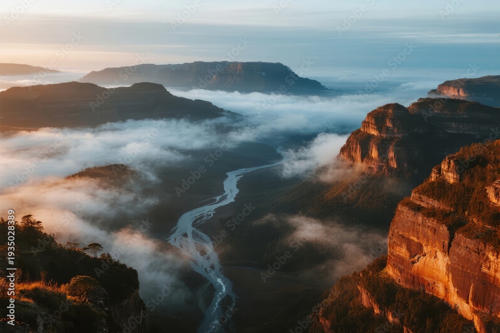 Fototapeta premium Aerial view of a river winding through a mist-covered canyon at sunrise