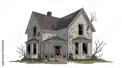 Spooky abandoned wooden house stands in decay with boarded-up windows and an orange cross on the door in a lonely field.
