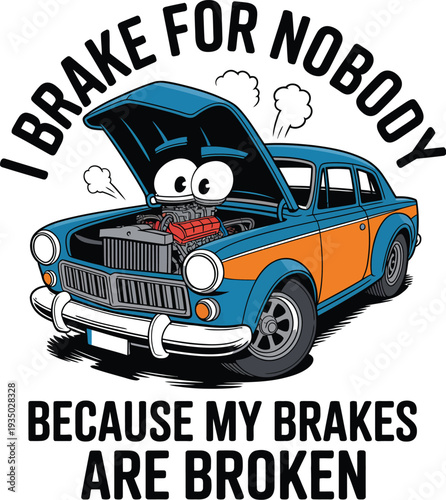 Blue and orange car with broken brakes and a cartoon character in the hood