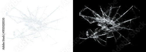 Obraz na plátne Cracked glass shattered window pane on white and black backgrounds