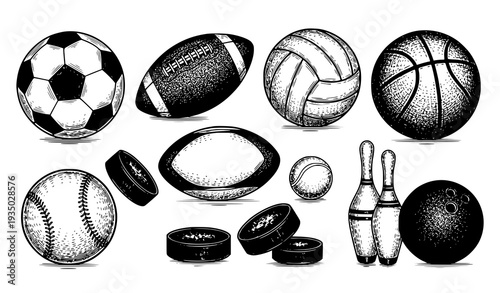 Hand Drawn Sporting Balls and Puck Vector Sketch