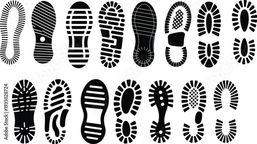 Black shoe sole footprint silhouettes collection isolated on white background various sneaker boot tread patterns vector illustration for stock design