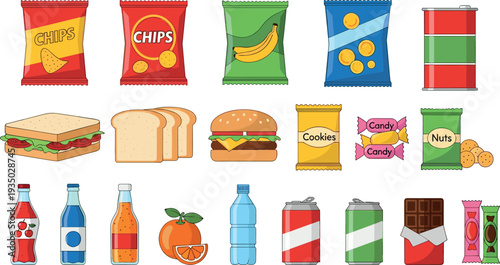 Snack food and beverage icon collection including chips, candy, cookies, nuts, sandwich, burger, bread, soda cans, juice bottles and chocolate vector illustration set.