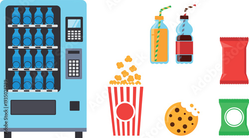 Snack vending machine with soda bottles, popcorn, cookie and packaged chips vector illustration set, fast food snacks and drinks icons isolated on light background