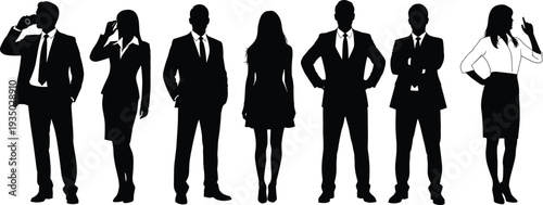 Diverse corporate business team silhouettes men and women in suits blazers posing confidently with hands on hips or thinking gestures isolated on white background vector.