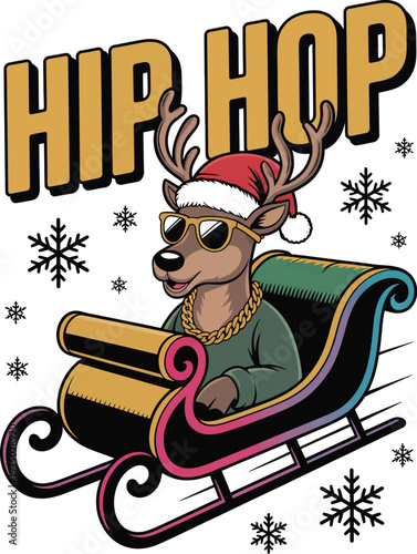 Reindeer with sunglasses riding a colorful sleigh with hip hop text