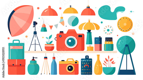 Camera and Equipment Set on Shelf – Flat Vector Illustration of Photography Studio Gear