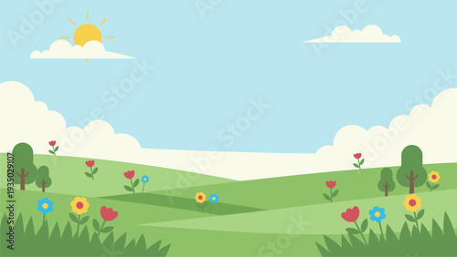 Vibrant Spring Meadow Background, Sunny Day, Flowers, Green Hills, Sky, Clouds, Nature Scene