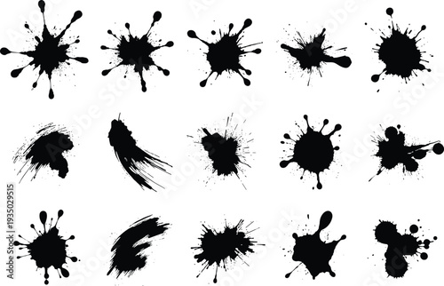 Black ink splatter collection set, grunge paint splash silhouettes isolated on white background, abstract brush stroke blot shapes for creative design elements.