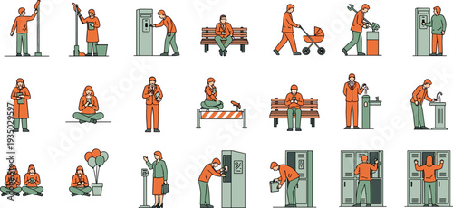 Urban people daily activities illustration set showing walking, resting, cleaning, recycling, using lockers and public facilities representing modern city lifestyle and routine actions
