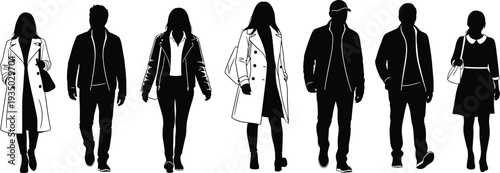 Diverse group of men and women walking silhouettes in stylish coats jackets and casual outfits, full body fashion figures isolated on white background vector.
