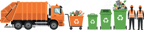 Waste management and recycling collection with garbage truck, recycle bins, waste containers and sanitation workers, environmental cleaning service vector illustration for sustainability concept