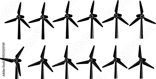 Wind turbine silhouettes collection showing different rotor blade positions, renewable energy windmill icons set for sustainable electricity generation, green power and eco technology illustration