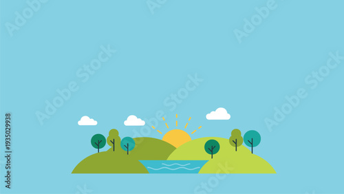Flat Design Landscape Sunrise Over Lake & Hills, Vector Illustration
