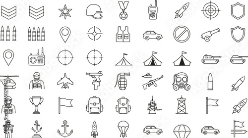 Hand Drawn Military and Tactical Icon Set with Soldiers Weapons Vehicles Targets and Defense Equipment Outline Vector Collection