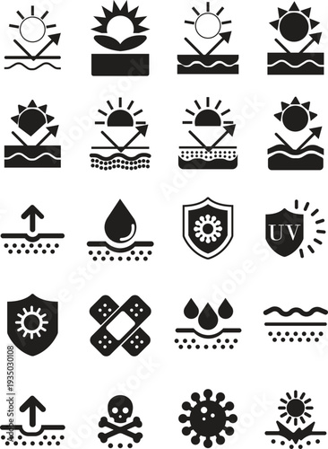 Skin Protection Icon set collection group with sunscreen shield, sunblock lotion tube, UV defense symbol, dermatology care sign, skincare safety line art vector isolated on white background.
