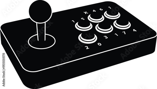 3D vector illustration of a red and black computer keyboard and game controller console with power buttons for video technology equipment