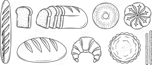 Bakery bread and pastry hand drawn vector set with baguette loaf croissant donut and pie illustration