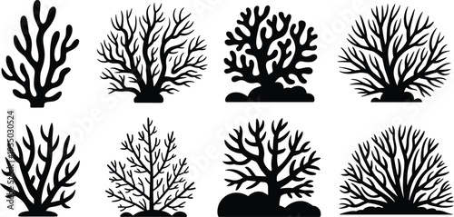 Coral reef silhouettes collection with sea coral shapes and underwater marine plants vector set isolated on dark background for ocean design