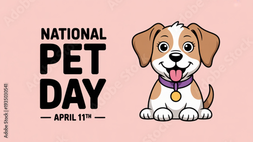 Cute brown and white puppy dog sitting on pink background with national pet day text