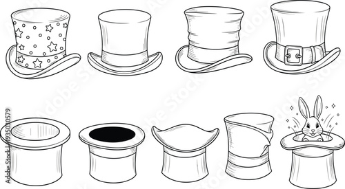 Magician top hat hand drawn vector set with magic rabbit illusion costume hat illustration