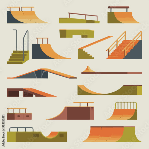 Skatepark Ramp & BMX Obstacles Flat Vector Set – Colorful Skate Elements Collection