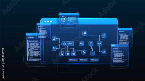 AI workflow automation artificial intelligence. ai agent network diagram dashboard machine learning with automation flow, data, coding and automation system.