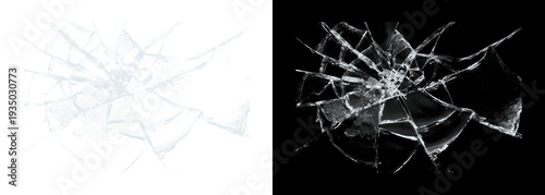 Cracked glass shattered screen on white and black backgrounds