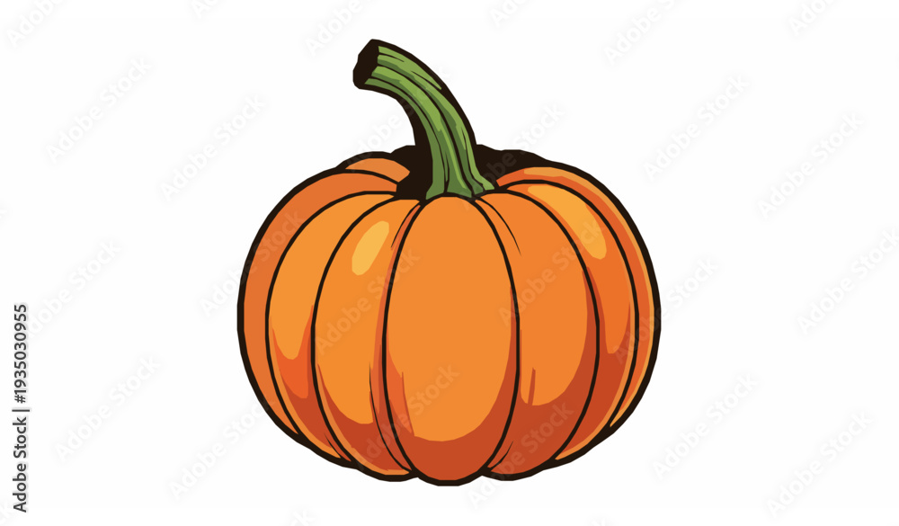 Obraz premium Orange Pumpkin with Green Stem Realistic Cartoon Style Autumn Vegetable Vector Illustration