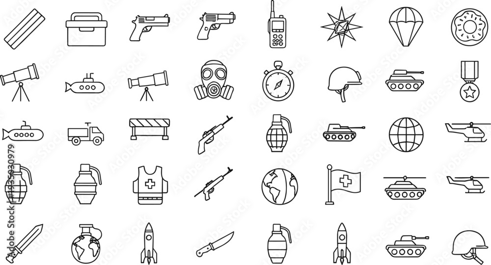Naklejka premium Hand Drawn Military Equipment Icon Set with Weapons Tanks Grenades Helmets and Tactical Gear Outline Vector Collection