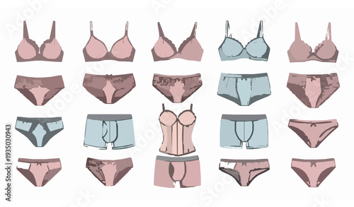 Men and Women Underwear Collection Vector with Bras Panties Boxer Briefs and Corset