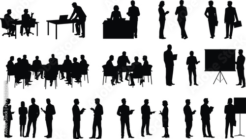 Business people silhouettes set showing meetings, presentations, teamwork and office discussions corporate professionals vector illustration isolated collection for business concept