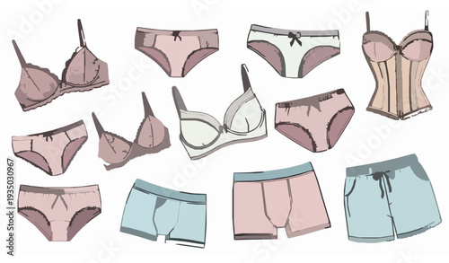 Assorted Lingerie and Underwear Vector Illustration with Bras Panties Boxers and Corset