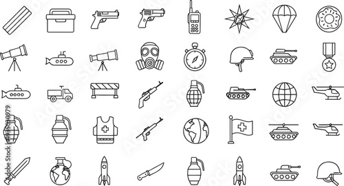 Hand Drawn Military Equipment Icon Set with Weapons Tanks Grenades Helmets and Tactical Gear Outline Vector Collection