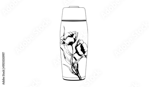 Reusable Thermos Bottle with Pink Poppy Floral Pattern Vector Drinkware Illustration