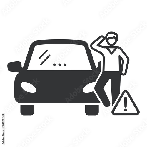 Man standing next to car with warning sign on roadside  traffic problem icon