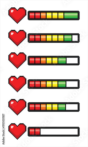 Pixelated hearts and progress bars displaying varying levels of affection