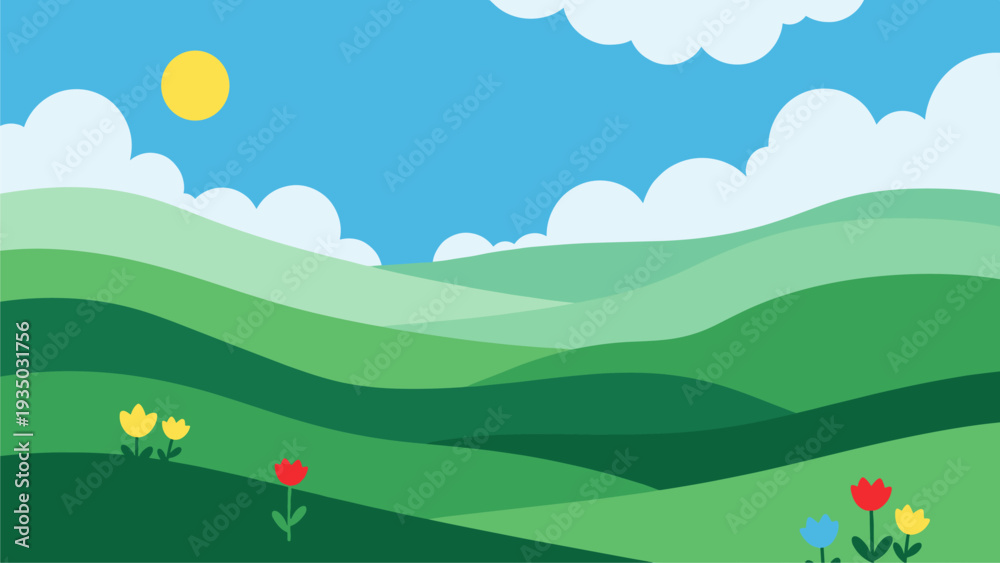 Fototapeta premium Vibrant Spring Landscape Background for Commercial Use | Green Hills & Tulips