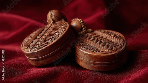 castanets. A pair of intricately carved wooden castanets resting on a rich red velvet fabric in close view. event programs, museum guides, designed for cultural heritage projects and event programs.
