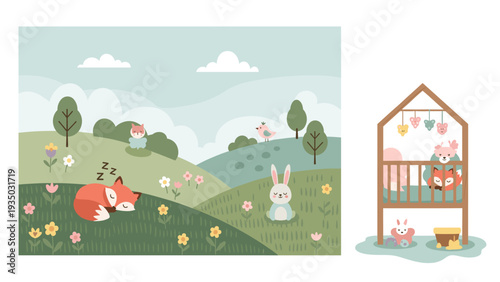 Cute Forest Animals Baby Nursery Decor Vector Illustration