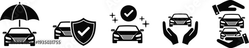 Car Insurance and Protection Icon Set with Umbrella, Shield, and Hands Symbols for Vehicle Coverage