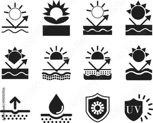 Skin Protection Icon set collection group with sunscreen shield, sunblock lotion tube, UV defense symbol, dermatology care sign, skincare safety line art vector isolated on white background.