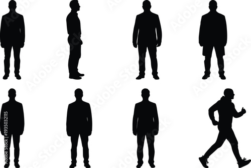 A dynamic assortment of male human silhouettes in various states of motion and stillness, including standing, walking, and light jogging, presented as a clean vector graphic on a white background.