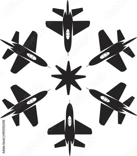 Black fighter jet silhouettes in circular formation around star icon isolated on white for military, air force, aviation, and defense.